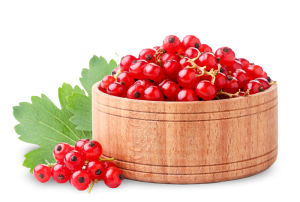 Red currants in a wooden plate