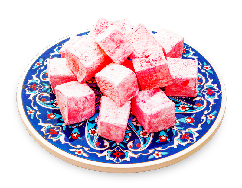 Traditional Turkish Delight with a rose on ceramics with typical folk patterns